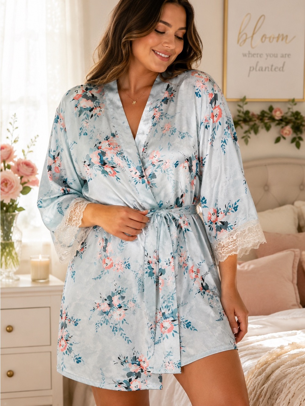 In Bloom By Jonquil Floral Satin Lace-Trim Robe - Light Blue no belt